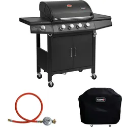 TAINO RED 4+1 inkl. Abdeckhaube Gasminderer Schlauch Gasgrill Grillwagen BBQ Edelstahl-Brenner Gas-Grill Schwarz