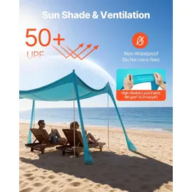 Vevor Strandzelt mit Sonnenschutz (UPF 50+) 3 x 3 x 2 m, Strandmuschel mit Sandsäcken & Stützstangen & Sandschaufeln, Tragbares Sonnensegel für Familienausflüge Camping Angeln Grün