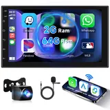 Hodozzy Autoradio Android Din 2 Bluetooth 7 Zoll 2GB 64GB Carplay Wireless Android Auto, Radio Doppel-Din Touchscreen Autoradio Navi DSP HiFi FM RDS Radio GPS Navigation WiFi + USB Rückfahrkamera