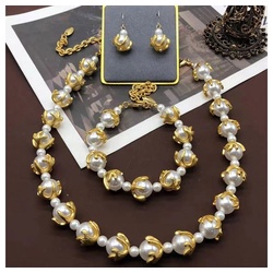 LAKKEC Schmuckset Halsketten, Armbänder,Ohrringe Damenschmuck Elegantes Perlenset, Vintage-Schmuck Brautschmuck Set (3-tlg) goldfarben
