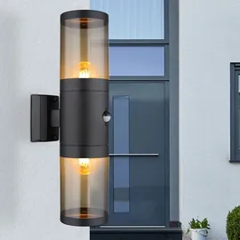 GLOBO Außenleuchte Wandlampe mit Bewegungsmelder Gartenleuchte Fassadenleuchte, Up Down Strahler, Edelstahl, schwarz rauch, 2x E27, Dxh 10,2x42 cm, 2er Set