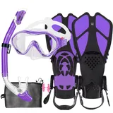 HH HHAO SPORT Schnorchelset Kinder mit Flossen, 180° Anti-Fog Panorama Weitblick Taucherbrille Kinder, Verstellbaren Schwimmflossen, Hochwertige Tauchermaske und Dry Top Schnorchel für Schwimmen