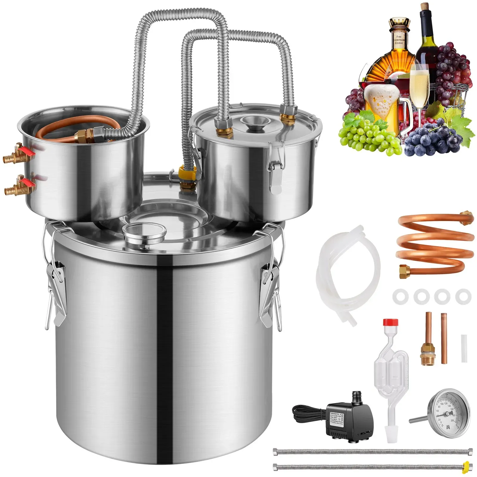 VEVOR Alkoholdestillieranlage Moonshine Still 11,4 L Wasseralkoholdestillieranlage für schnelles Abkühlen, Doppelkondensator-Destillierset mit Sekundärdestillation, für Wein Whisky Brandy Silber