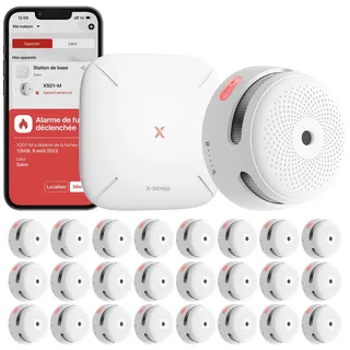 X-Sense Smart Rauchmelder XS01-M mit SBS50 Basisstation, Zertifiziert nach EN 14604, Funkrauchmelder mit WLAN, vernetzbarer Feuermelder, kompatibel mit der X-Sense Home Security App, FS241, 24 Stück