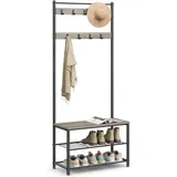 VASAGLE Kleiderständer mit Schuhablagen, Schuhregal mit Sitzfläche, für Flur, mit Haken, 3 Ablagen, aus Metall, Höhe 177 cm, Greige-schwarz HSR41MB