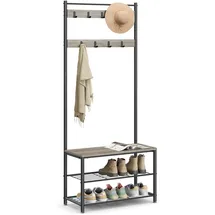 VASAGLE Kleiderständer mit Schuhablagen, Schuhregal mit Sitzfläche, für Flur, mit Haken, 3 Ablagen, aus Metall, Höhe 177 cm, Greige-schwarz HSR41MB