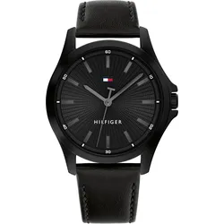 Quarzuhr TOMMY HILFIGER "BRUCE", schwarz, schwarz, Armbanduhren, Herren, Armbanduhr, Herrenuhr, Lederarmband, analog