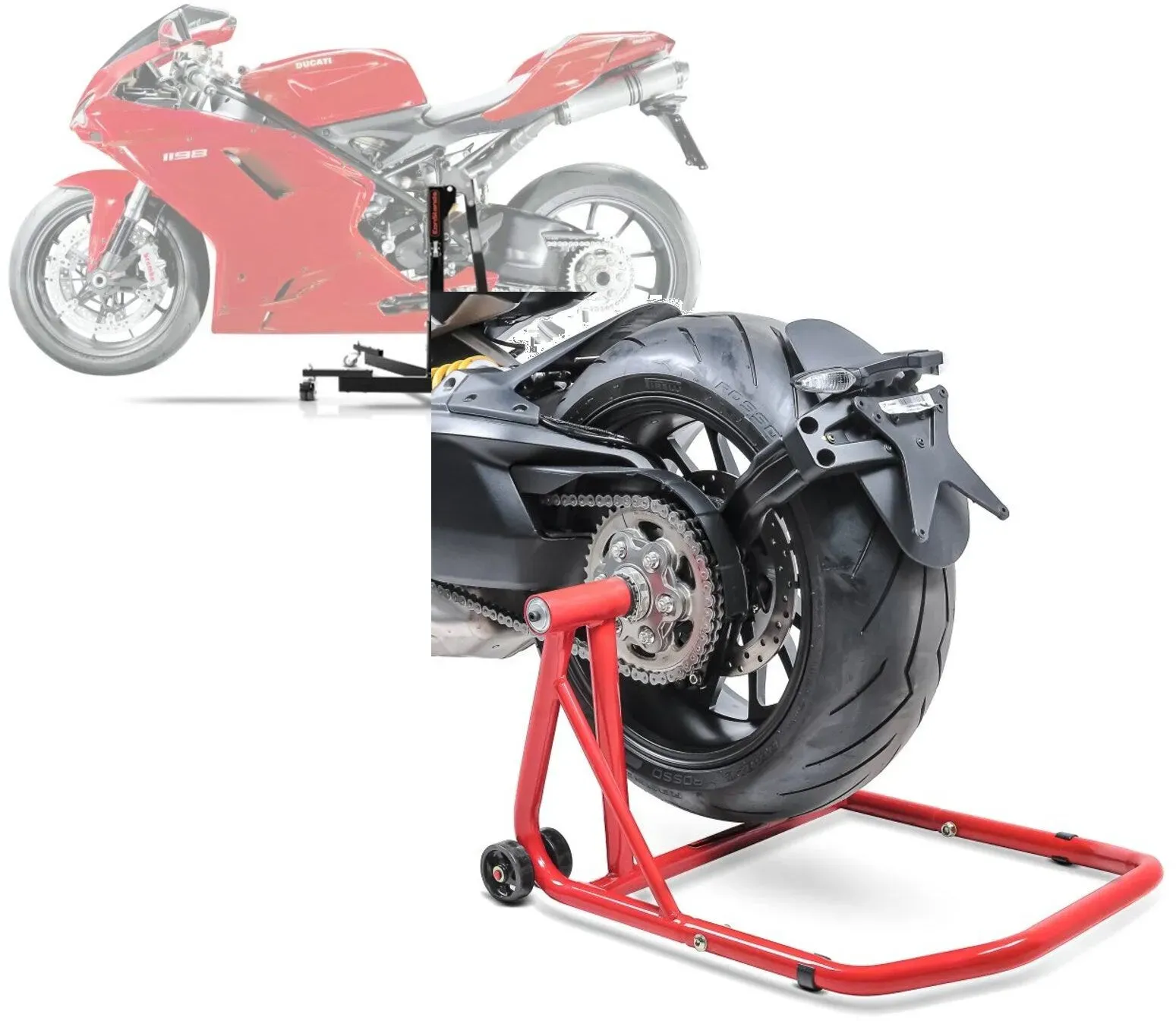 Set: Zentralständer passend für Ducati 848/ Evo 08-13 Motorradheber ConStands Power-Evo + Einarmständer passend für Ducati 848 / Evo 08-13 Montageständer ConStands Single-Classic rot