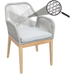 Gartenstuhl MCW-H56b, Sessel Outdoor Stuhl, wetterfest Seilgeflecht Rope Holz Akazie ~ hellgrau Kissen hellgrau