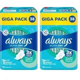 Always Ultra Binden Damen Gr. 1, Normal (38 Damenbinden mit Flügeln) Giga Pack, dünn und super saugfähig, geruchsneutralisierend und Auslaufschutz (Packung mit 2)