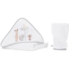 fillikid 2.tlg. Kapuzenbadetuch-Set Badetuch und Waschhandschuh 100 x 100 cm - Safari - Weiß