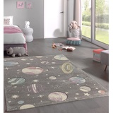 Mia's Teppiche Marie pflegeleichter Teppich fürs Kinderzimmer, mit Planeten und Sternen, Kinderteppich, Galaxy-grau, 140x200 cm