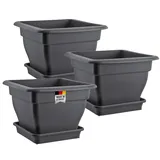 BURI 3er Set Pflanzkübel Groß Außen, XL Blumentopf mit Wasserspeicher Gross 48x48 cm, Pflanzentopf und Untersetzer, Pflanzkübel Kunststoff, Blumenkübel Pflanztöpfe Blumentöpfe Made in DE, Anthrazit