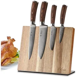 Wakoli 4er Damastmesserset | 8 - 18cm Klingen aus 67 Lagen Damaststahl | Pakkaholz mit Messerblock