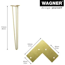 Wagner Möbelbein Hairpin Leg Retro - 12 x 12 x 71 cm, Stahl, gold matt, Bein schräg - Anschraubplatte - 12827501