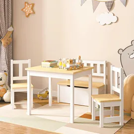 [en.casa] Kindertischset Lousame 2 Stühle 1 Sitzbank Kiefer massiv natur/weiß beige