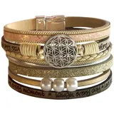 Saraswati Armband "Blume des Lebens" Kunstleder beige, Metall silberfarben