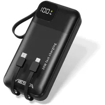 Viesta Powerbank 20.000 mAh USB-C – 22,5 W Fast Charging, PD20 W, Type-C & Micro-USB Kabel, Digitalanzeige & LED-Taschenlampe – Schwarz - Schwarz