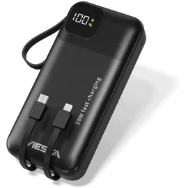 Viesta Powerbank 20.000 mAh USB-C – 22,5 W Fast Charging, PD20 W, Type-C & Micro-USB Kabel, Digitalanzeige & LED-Taschenlampe – Schwarz - Schwarz