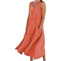 AACH Leinenkleid Damen Sommer Kleid Knielang Freizeitkleid Baumwolle Leinen Strandkleid U-Ausschnitt Sommerkleid Ärmelloses Boho Leinenkleider Einfarbig Strandkleider mit Taschen Kleider - XL