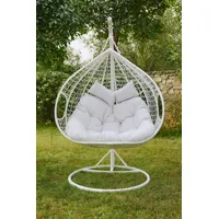 2mGoods Hängesessel mit Gestell für 2 Personen, Korbhängesessel Outdoor & Indoor, Hängekorb Sessel Outdoor Garten, mit Gestell und XXL Rückenkissen, Polyrattan Hängestuhl 2 Personen (Weiß)