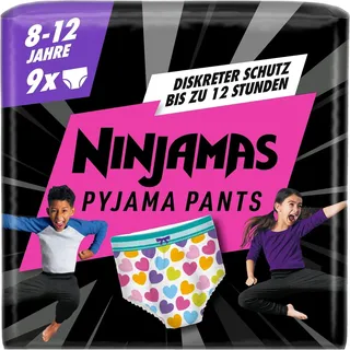 Ninjamas Pyjama Pants Herzen, 9 absorbierende Nachthöschen, 8 Jahre, 27kg-43kg, Auslaufschutz für die ganze Nacht