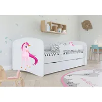 Bjird Kinderbett Jugendbett 70x140 cm Weiß mit Matratze Rausfallschutz Schublade und Lattenrost Kinderbetten für Mädchen und Junge - Einhorn