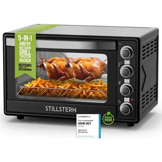 STILLSTERN Minibackofen mit Umluft (60L) NEU: CYCLONE PRO+ (Antihaftbeschichtung), DE Version, Airfryer-Einsatz, Rezeptheft, Drehspieß, 2200W Toaster Grill Pizzaofen Mini Backofen auch für Camping