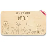 Frühstücksbrettchen Holz Natur - Tiere - Hier krümelt Wunschname I Bär Reh Bieber Schnecke Wolf Biene I Waldtiere Motive Kinder mit Name - 22x12 - Holz - rehen kinderbrettchen tier