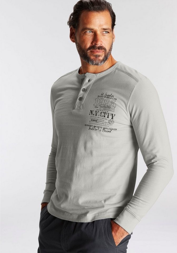 Man's World Henleyshirt mit Brustprint und Knopfleiste grau