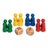 Philos 3053 Spielkegel mit Würfel für Würfelspiele, Kegel blau/gelb/rot/grün 24x12mm/Würfel 16mm, Holz, 18-teilig