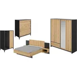 Gami Schlafzimmer-Set Mimizan, (4-tlg., Bett, 2x Nachttische, Kleiderschrank, Kommode, Garderobenschrank) schwarz