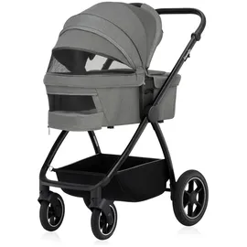 lionelo Kombikinderwagen MERIL 2-in-1 Babywanne bis zu 9 kg, 0-48 Monate bis zu 22 kg, Geländeräder 360°, Vollfederung, XXL-Verdeck - Grau