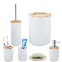 Relaxdays Badezimmer Set, 6-teilig, Badaccessoires Kunststoff, Bambus, komplette Badezimmerausstattung, Badset, weiß
