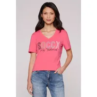 Soccx Damen Basic T-Shirt mit V-Ausschnitt und Logo Coral