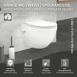 LuxeBath Spülrandloses WC Hänge WC Softclose Nano-Beschichtung Deckel kurz Bidet-Funktion
