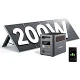 AFERIY 1800W/1024Wh Powerstation mit 200W Solarpanel, Erweiterbar Auf 5120Wh LiFePO4 Solargenerator & 1Std Schnellladung, <10ms USV, 9 Ausgänge, mit APP, Reine SW 230V, für Camping/Garten/Notfall