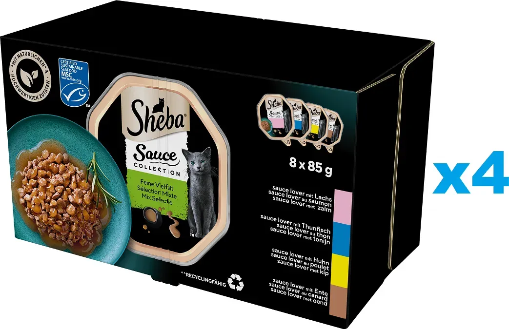 SHEBA Sauce Collection Schalen mit verschiedenen Geschmacksrichtungen 4x8x85 g in Sauce mit Lachs, Thunfisch, Huhn, Ente