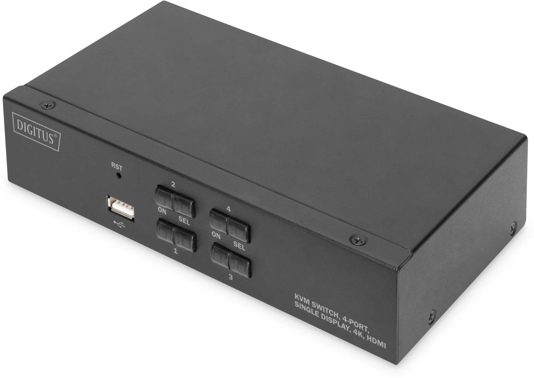 DIGITUS KVM-Switch HDMI – 4-Port Single-Display – 4 PC 1 Monitor – 1x Maus, Tastatur & Audio für 4 Computer – UHD 4K@30Hz (3840 x 2160p) – Hot-Key KVM Umschalter – 1x USB 2.0 Hub – Schwarz