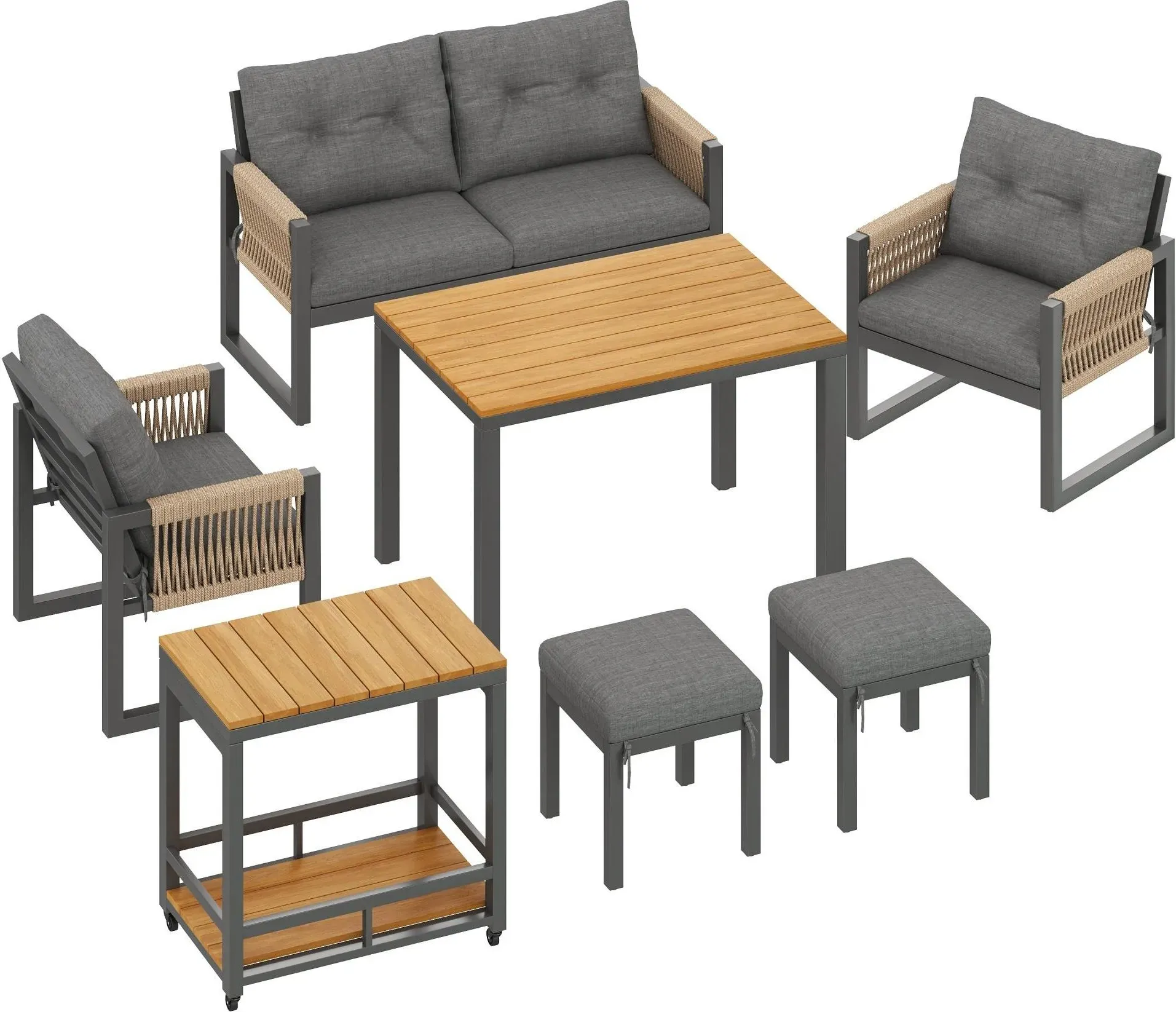 Modernes Outdoor-Sofa-Set, abnehmbarem Tisch, geflochtenen Armlehnen und dicken Sitzkissen, Grau+Naturfarbe