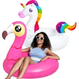 Aufblasbare Pooltiere Set für Kinder und Erwachsene - Einhorn Flamingo Schwimmti