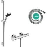 Hansgrohe Pulsify Select S Brauseset 105, 3jet Relaxation, Ecostat Fine, Duschthermostat mit Duschkopf 8,2 l/min (EcoSmart), Duschstange 90cm, Schlauch, Duschkopfhalterung, Chrom,