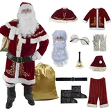 OmurgA Deluxe Weihnachtsmannkostüm 12 Stk Santa Costume Set Christmas Costume Für Erwachsene, Mit Gürtel Umhang Nikolausmütze-Schuhüberzüge-Bart-Handschuhe Und Mehr, Cosplay Weihnachten XL - XL