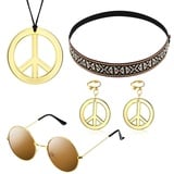 SoundZero 5 Stück Hippie Kostüm Set, 70er Jahre Accessoires Damen Hippie Kostüm Set, Friedenszeichen Halskette Ohrringe, Hippie Kostüm Accessoires, Armband Böhmen Stirnband Party Zubehör