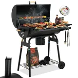 TLSUNNY Holzkohlegrill Grillwagen, Gartengrill mit Schornstein, Thermometer, Abnehmbarem Aschekasten, klappbaren Ablagen, 2 Rädern, BBQ Smoker für Garten, Terrasse, Camping und Grillpartys