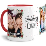 Tasse - Lieblings-Cousine - zum selbst Gestalten mit zwei Fotos - Fototasse für die Cousine - Keramik, Innen & Henkel Rot, 300 ml