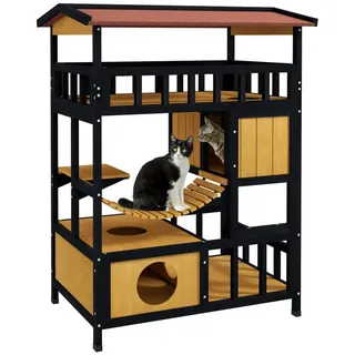 PawHut Katzenhaus aus Holz Katzenhöhle mit Plattformen, Hängebrück, für bis zu 2 Katzen, Innen- und Außenbereich, Gelb