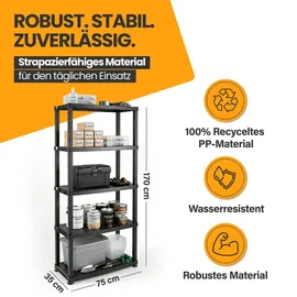 Kreher Kreher® Kunststoffregal „Evo“ mit 5 Böden - Steckregal für Haushalt, Keller & Garage - Standregal, Lagerregal & Aufbewahrungsregal - Schwarz - Schwarz