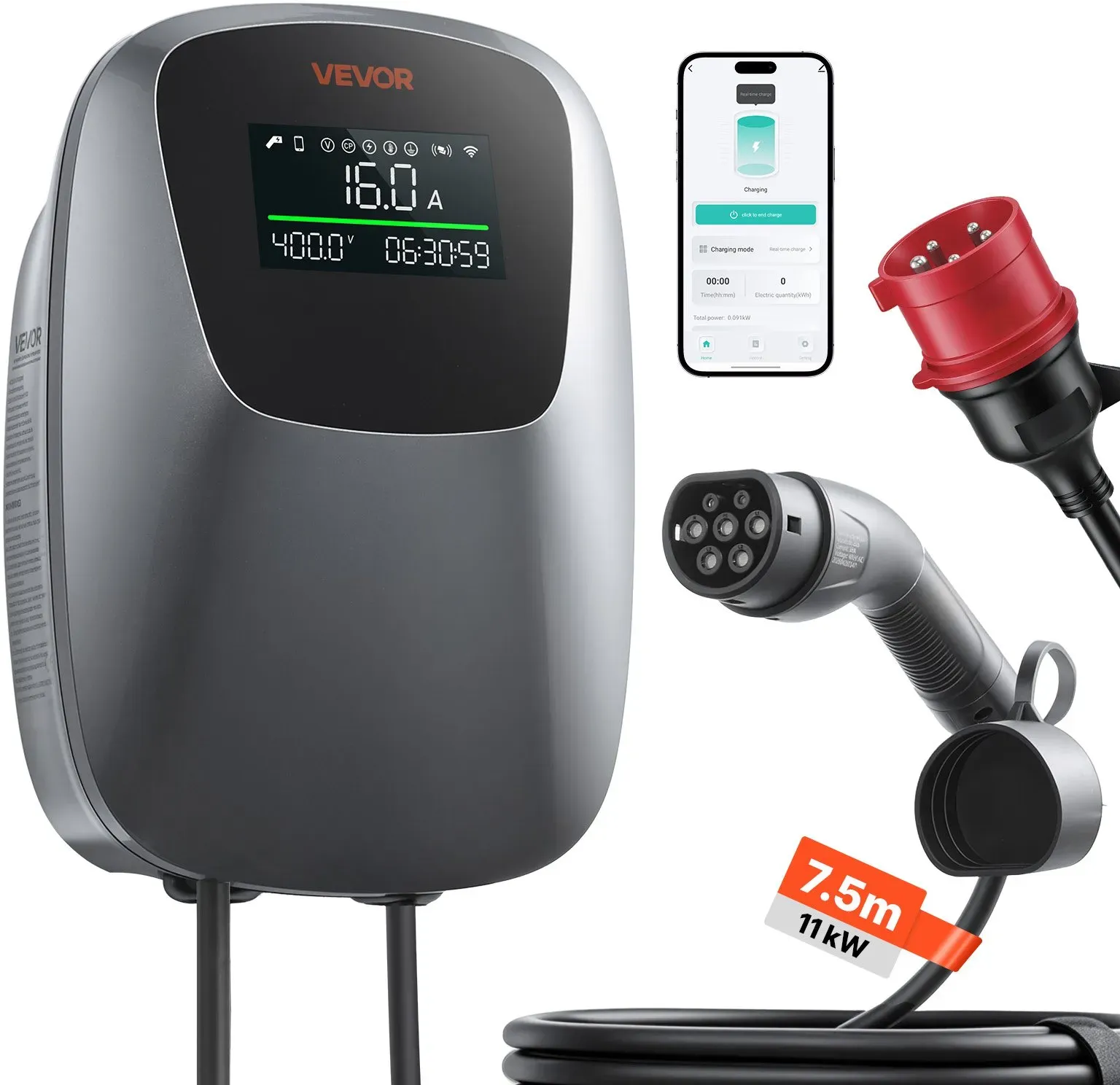 VEVOR Wallbox Wandladestation 11 kW Dreiphasig CEE 16 A 400 V Typ 2, Ladegerät für Alle Elektrofahrzeuge und Plug-in-Hybride, Intelligentes Autoladegerät mit App-Steuerung und Digitalanzeige, IP65