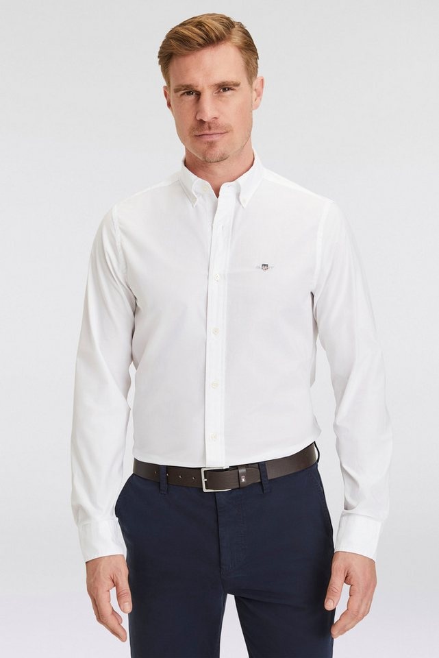 Gant Langarmhemd Slim Fit Popeline Hemd leichte Baumwolle strapazierfähig pflegeleicht mit klassischer Logostickerei auf der Brust weiß XXL